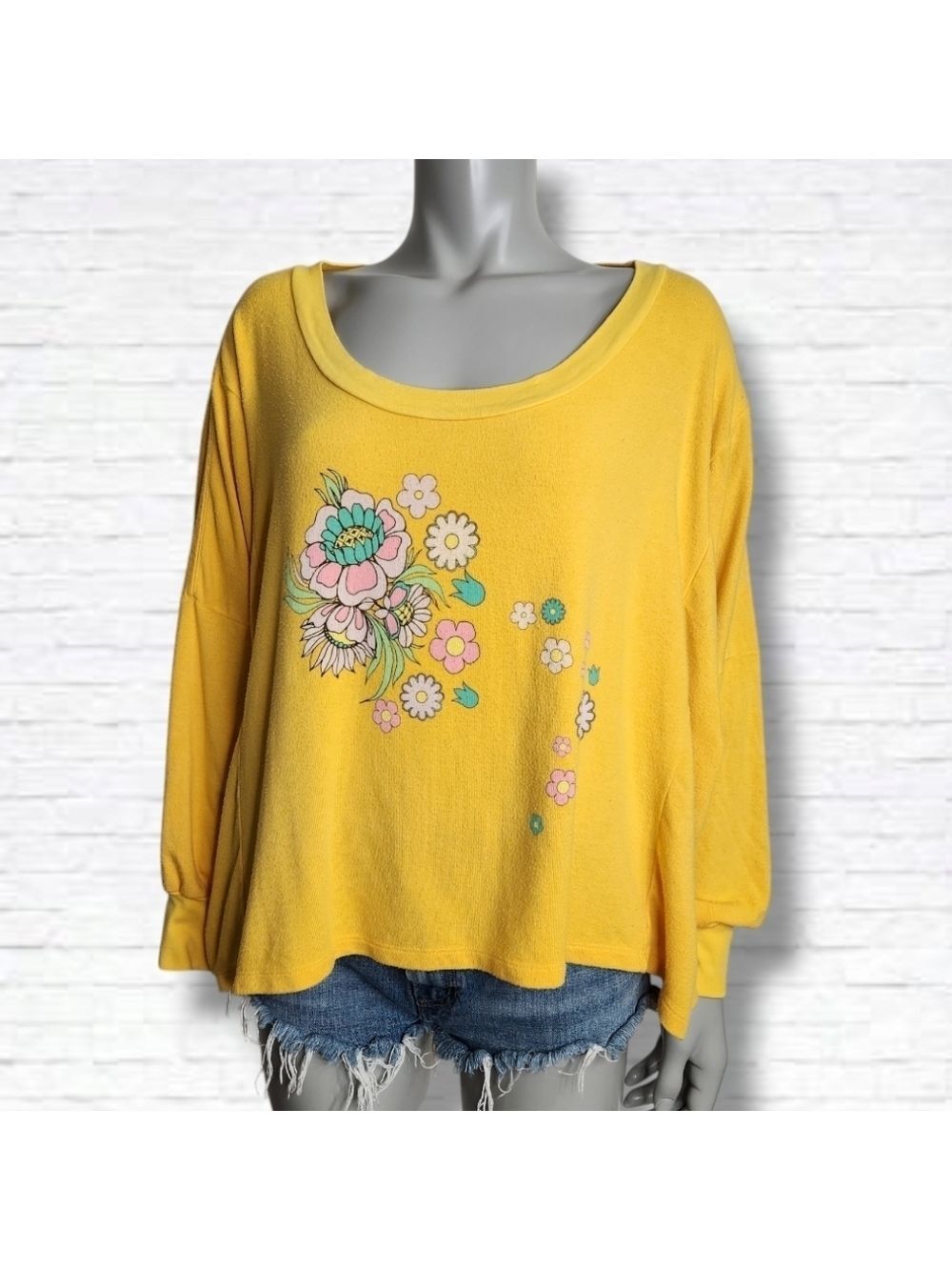 Wildfox Yellow Vintage Floral Print Oversized Long Sleeve Top Size S